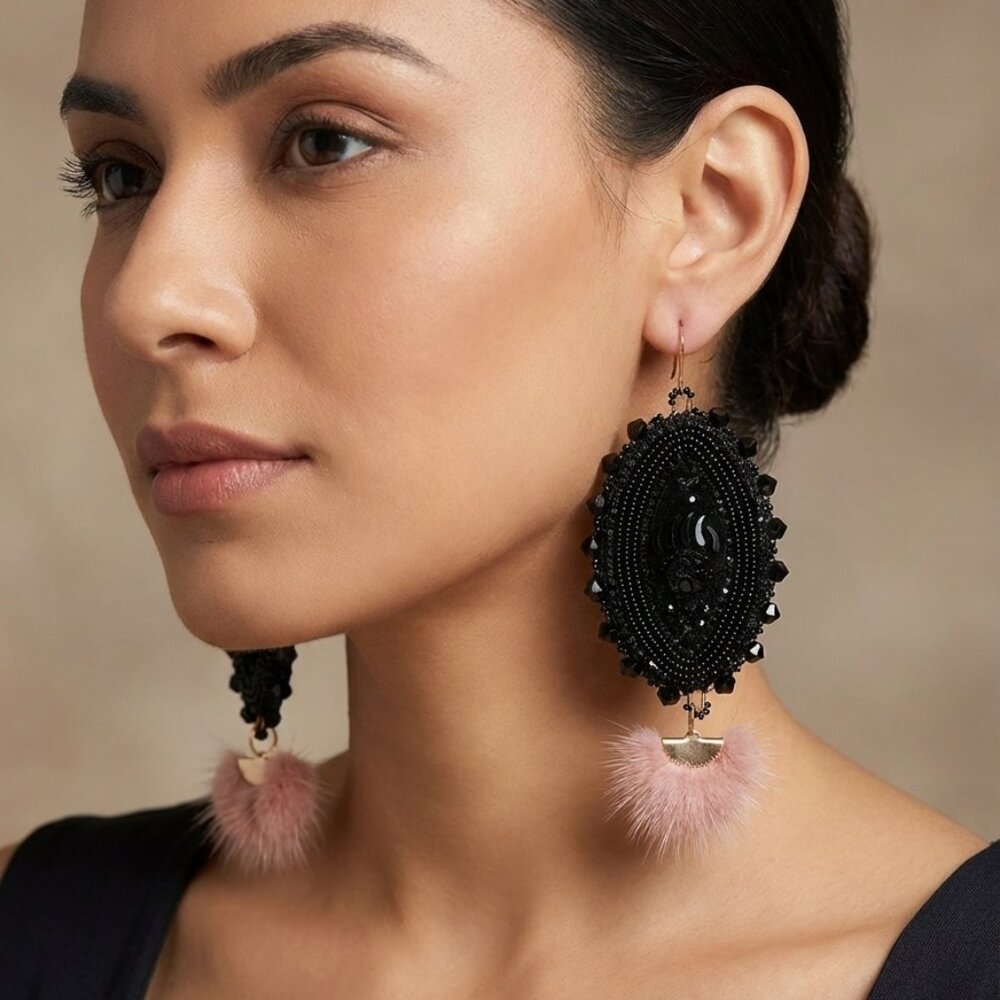 Indigenous handmade Earring with real pink mink fur * video just to show beading